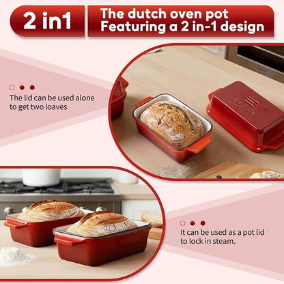 Enameled Cast Iron Dutch Oven for Sourdough Bread Baking, 9×5 Dutch Oven Pot with Lid, 2 in 1 Bread Pans with Lid for Baking, Roasting & Braising, Easy Release, Oven & Induction Safe (4.2 QT,Red)