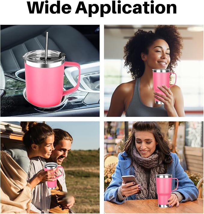 20 oz Tumbler with Handle, Stainless Steel Insulated Tumbler with Lid and Straw, Double Wall Vacuum Coffee Mug Tumbler, Insulated Coffee Thermal Cup for Cold and Hot (Rose Red, 20 Ounces)