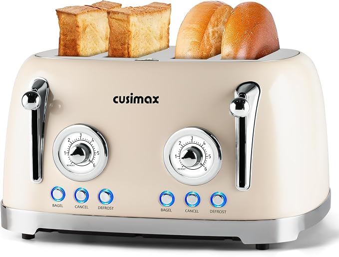 CUSIMAX Toaster 4 Slice, Retro Toaster with Wide Slots for Bagels, Stainless Steel with 6 Toast Settings, Bagel, Cancel, Defrost & Reheat Functions, Dual Independent Control Panels, Cream
