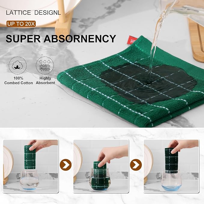 Mordimy 100% Cotton Terry Cloth Dish Cloths, Soft and Absorbent Checkered Dish Towels, Quick Drying Dish Rags for Washing Dishes, 8 Pack, 12 x 12 Inches, Dark Green