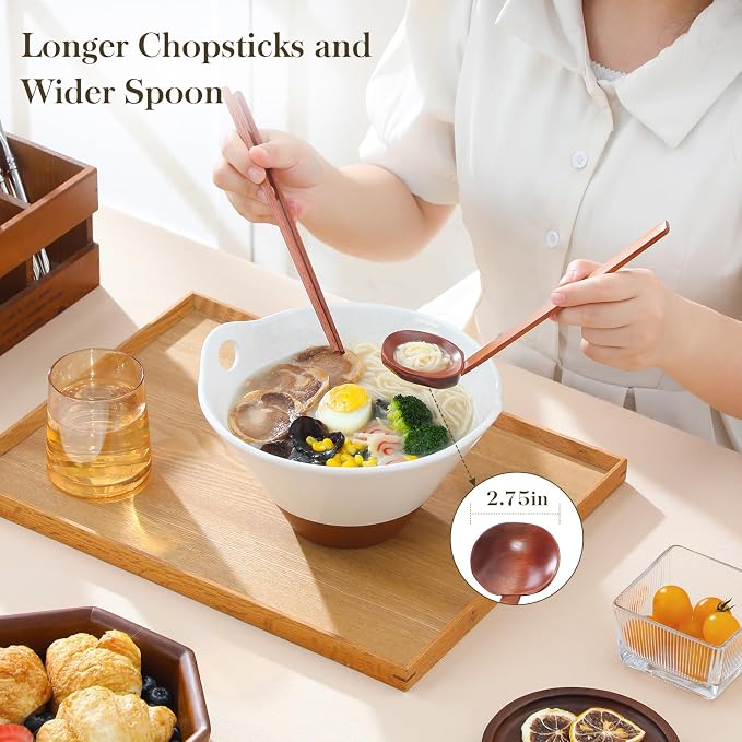 MALACASA Ceramic Ramen Bowl Set – 42 oz, with Wooden Spoon & Chopsticks, Microwave & Oven Safe, Japanese Style Soup Bowls for Ramen, Pho, Noodles – Set of 2, White & Khaki – TARA Series