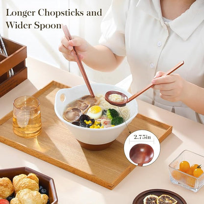 MALACASA Ceramic Ramen Bowl Set – 42 oz, with Wooden Spoon & Chopsticks, Microwave & Oven Safe, Japanese Style Soup Bowls for Ramen, Pho, Noodles – Set of 2, White & Khaki – TARA Series