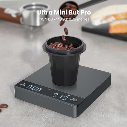 Maestri House S1 Mini Espresso Coffee Scale with Timer, Rechargeable 2kg/0.1g Precision Shot Scale for Espresso Brewing, Portable Digital Coffee Scale with Automatic Timing, Metal Finish-Space Grey