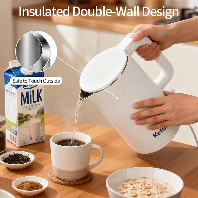Electric Kettle 1.7L, Seamless Inner Pot, Double-Walled Design, BPA-Free, Tea, Coffee & Hot Water Boiler, Dual-Angle Lid Opening, Auto Shut-Off & Boil-Dry Protection, 304 Stainless Steel, 1000W