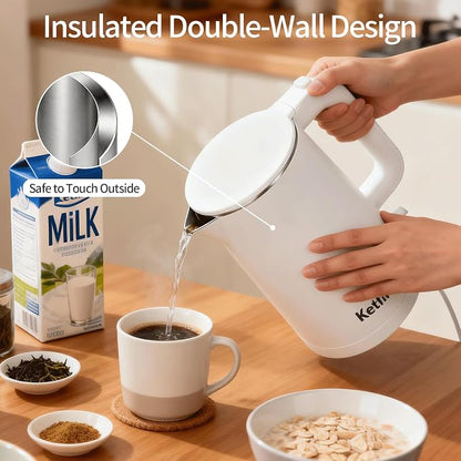 Electric Kettle 1.7L, Seamless Inner Pot, Double-Walled Design, BPA-Free, Tea, Coffee & Hot Water Boiler, Dual-Angle Lid Opening, Auto Shut-Off & Boil-Dry Protection, 304 Stainless Steel, 1000W