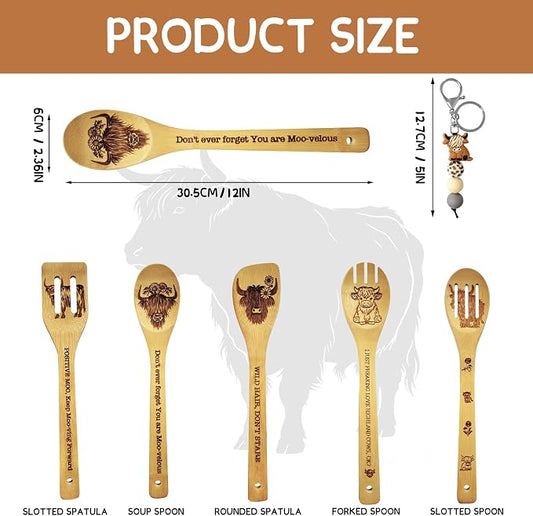 Highland Cow Gifts for Women, 6PCS Unique Highland Cow Print Bamboo Spoons Gifts Set with Keychain, Perfect Birthday Gifts for Mother's Day Bestie Sister