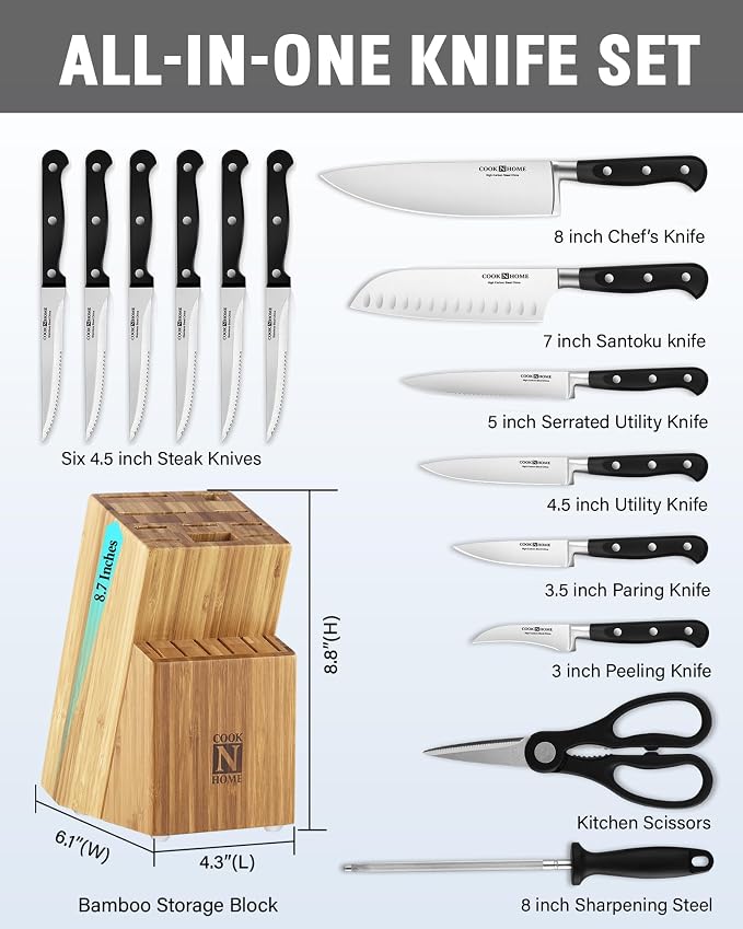 Cook N Home Basics Bamboo Kitchen Cutlery Block Set with Knifes, High Carbon Stainless Steel Blade, 15-Piece, Black