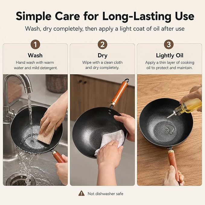 WANGYUANJI 8.7-Inch Carbon Steel Mini Wok, Flat Bottom Small Stir Fry Pan for 1–2 Servings, Uncoated Textured Wok for Gas, Electric, Ceramic & Induction Stoves, with Lid & Spatula