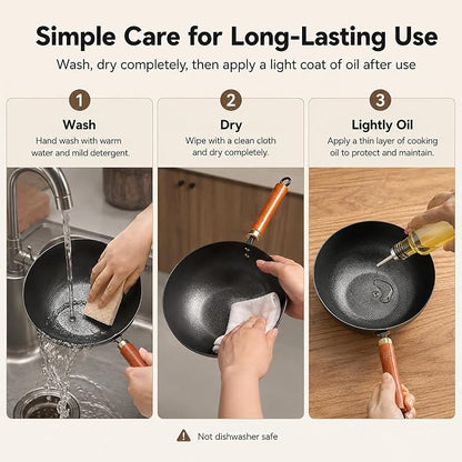 WANGYUANJI 8.7-Inch Carbon Steel Mini Wok, Flat Bottom Small Stir Fry Pan for 1–2 Servings, Uncoated Textured Wok for Gas, Electric, Ceramic & Induction Stoves, with Lid & Spatula