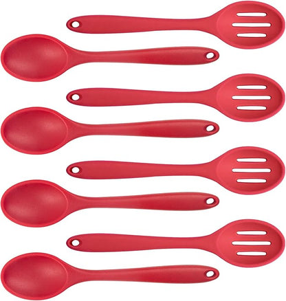 8 Pcs Heat Resistant Non Stick Silicone Serving Spoons Set -Ideal for Cooking, Baking, Mixing, Stirring Includes Slotted & Solid Spoons, Design for Nonstick Cookware (Red)
