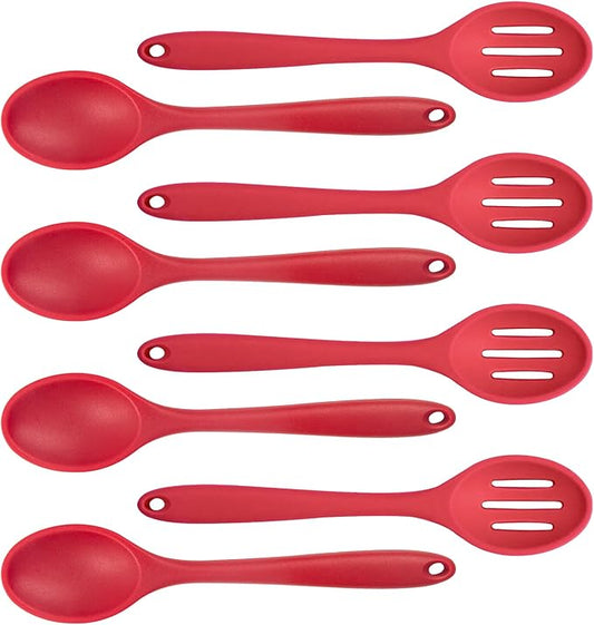 8 Pcs Heat Resistant Non Stick Silicone Serving Spoons Set -Ideal for Cooking, Baking, Mixing, Stirring Includes Slotted & Solid Spoons, Design for Nonstick Cookware (Red)