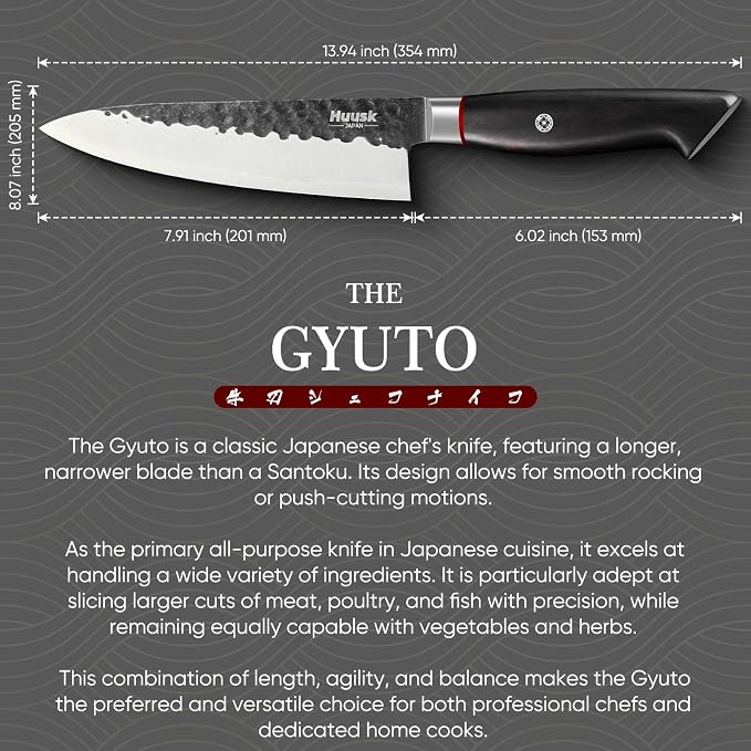 Huusk Professional Japanese Chef Knife - Hand Forged VG10 Kitchen Knives for Meat & Veggie Precise Slicing 8 inch Gyuto with Ergonomic Ebony Handle Premium Wooden Gift Box