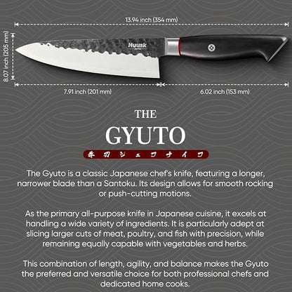 Huusk Professional Japanese Chef Knife - Hand Forged VG10 Kitchen Knives for Meat & Veggie Precise Slicing 8 inch Gyuto with Ergonomic Ebony Handle Premium Wooden Gift Box