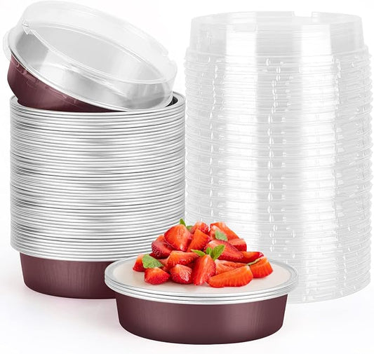 Beasea Disposable Mini Pie Tins With Lids, 4 Inch 50 Pack Disposable Mini Pie Pans, 8 Oz Aluminum Foil Coffee Brown Tart Pans Round Oven Baking Small Cake Tin for Cheesecake Fruit Tart Quiche