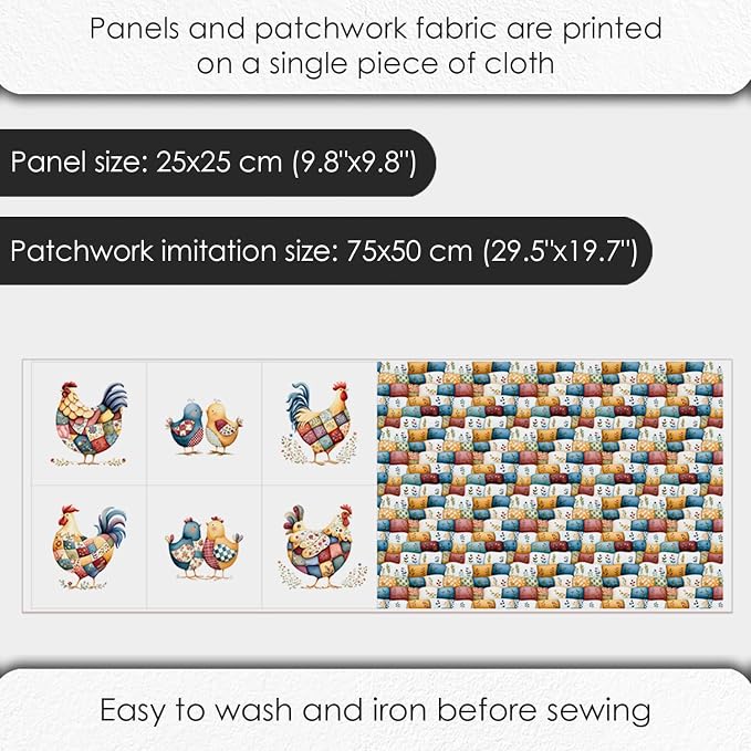 Farmhouse Chicken Patchwork Cotton Fabric Panel – 6 Designs (10×10 inch Each) + Bonus Patchwork Sheet 29.5×19.6 inch, 100% Cotton 140 GSM