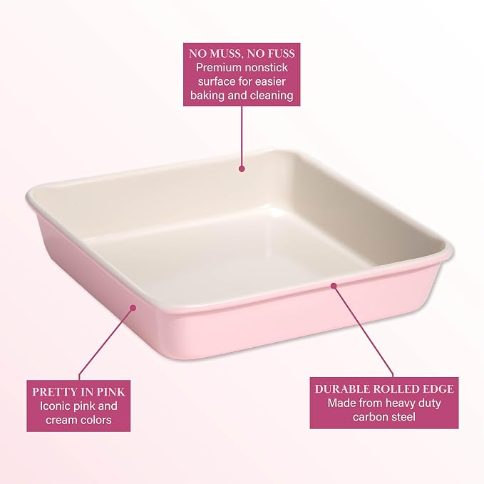 Paris Hilton Nonstick Carbon Steel Bakeware Collection, 9-Inch Square Cake Pan, Dishwasher Safe, Made without PFOA and PFAS, Pink Cream Two-Tone