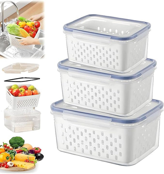 4-in-1 Food Storage Containers with Drain Basket – Leak-Proof Berry, Vegetable & Watermelon Containers for Fridge (Blue, 3PCS)