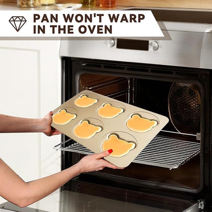 6 Cup English Muffin Pan with Sliding Lid, Bear Shaped Muffin Pans, Nonstick Carbon Steel Hamburger Bun Mold, Cute Bear Muffins Tin for Donut Sandwich Quiche Pancake
