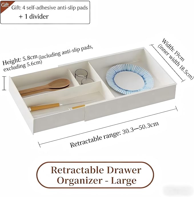 Expandable Kitchen Drawer Organizer, Telescoping Cutlery Tray, White Adjustable Storage Box with Multiple Compartments for Utensils, Silverware, and Kitchen Tools