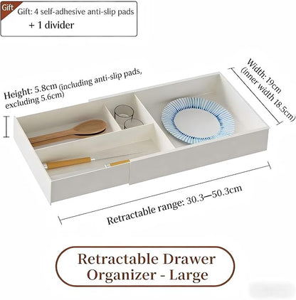 Expandable Kitchen Drawer Organizer, Telescoping Cutlery Tray, White Adjustable Storage Box with Multiple Compartments for Utensils, Silverware, and Kitchen Tools