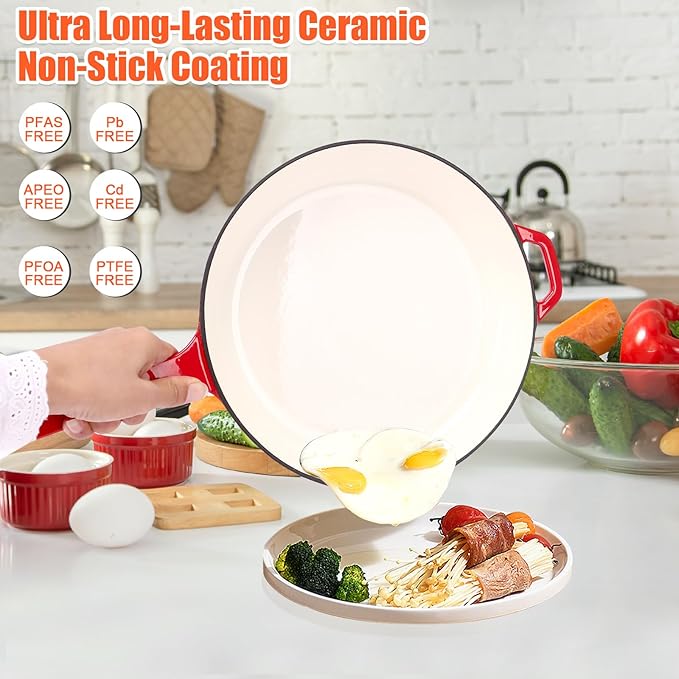 Nonstick Enameled Cast Iron Cookware - 3 Frying Pan Set 8-Inch, 9.5-Inch Frying Pan, Healthy Non Toxic Cooking, PFOA PFAS PTFE Free, Compatible with All Stovetops, Red
