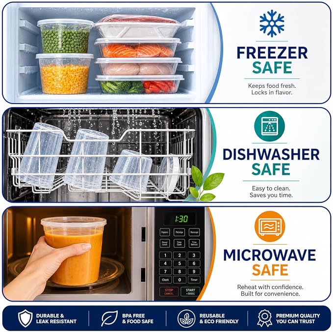 Healthy Packers 32oz Deli Containers with Lids for Food (24 pack) - Food Storage & Soup Clear 32 oz Plastic Deli Cups - BPA Free | Leakproof - Microwaveable - Reusable - Dishwasher & Freezer Safe