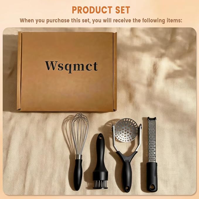 4-Piece Kitchen Gadget Set - Includes Balloon Whisk, Meat Tenderizer, Potato Masher, Grater/Zester, 304 Stainless Steel, Dishwasher Safe