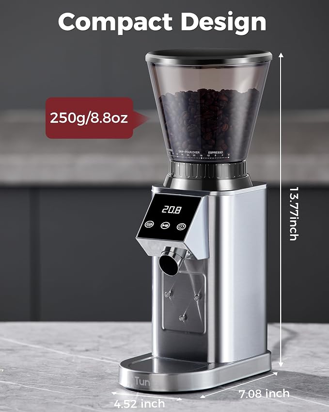 Tuni G1 Silver Conical Burr Coffee Grinder with Black Digital Coffee Scale, 48 Grind Settings Anti-static Coffee Bean Espresso Grinder for Espresso/Drip/Cold Brew/French Press