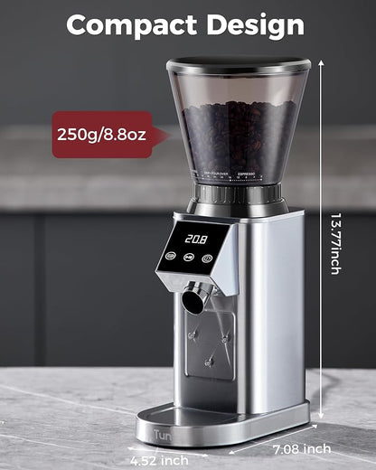 Tuni G1 Silver Conical Burr Coffee Grinder with Black Digital Coffee Scale, 48 Grind Settings Anti-static Coffee Bean Espresso Grinder for Espresso/Drip/Cold Brew/French Press