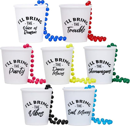 Funky Junque Shot Glass Necklaces for Bachelorette Party - Bride Tribe Favors, Bridal Shower Decorations - 7 Pack - Party Pack
