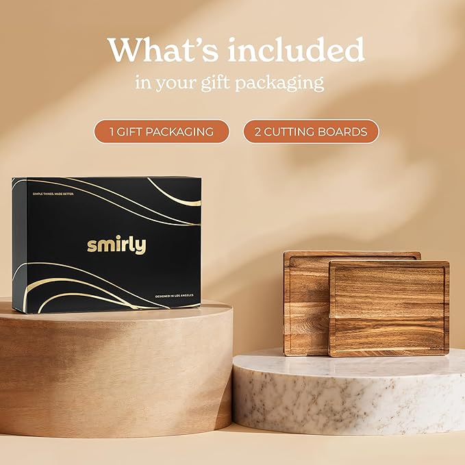 SMIRLY Acacia Wood Cutting Boards for Kitchen - Wood Cutting Board for Meal Prep, Serving, Charcuterie - Kitchen Gadgets, House Warming Gifts - Wooden Chopping Board Set of 2