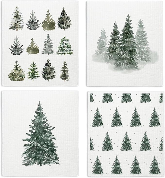 Christmas Pine Tree Winter Swedish Dishcloths for Kitchen, Swedish Dish Cloths for Christmas Tree, Papaya Reusable Paper Towels, 4 Pack Dish Towels for kitchen, Reusable Paper Towels Washable