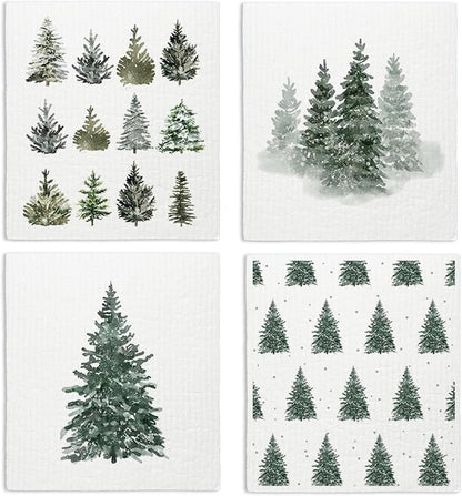 Christmas Pine Tree Winter Swedish Dishcloths for Kitchen, Swedish Dish Cloths for Christmas Tree, Papaya Reusable Paper Towels, 4 Pack Dish Towels for kitchen, Reusable Paper Towels Washable