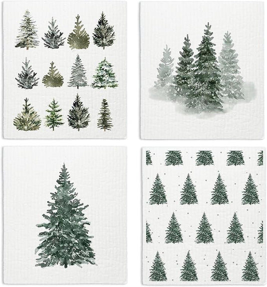 Christmas Pine Tree Winter Swedish Dishcloths for Kitchen, Swedish Dish Cloths for Christmas Tree, Papaya Reusable Paper Towels, 4 Pack Dish Towels for kitchen, Reusable Paper Towels Washable