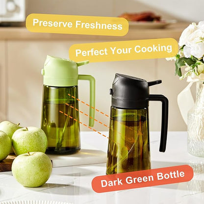 CXINYI - 16oz/470ml Olive Oil Dispenser for Kitchen with Stickers - 2 in 1 Olive Oil Sprayer for Cooking, Air Fryer, and Salad, Green (Light-Proof Kitchen Gadget)