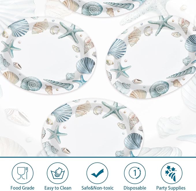 50Pcs Coastal Beach Oval Paper Plates 10" x 12" Large Disposable Heavy Duty Ocean Seashell Starfish Dessert Platters for Under the Sea Summer Hawaiian Picnic BBQ Holiday Birthday Party Decorations