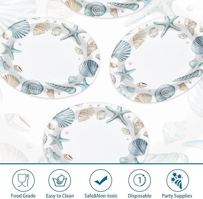 50Pcs Coastal Beach Oval Paper Plates 10" x 12" Large Disposable Heavy Duty Ocean Seashell Starfish Dessert Platters for Under the Sea Summer Hawaiian Picnic BBQ Holiday Birthday Party Decorations