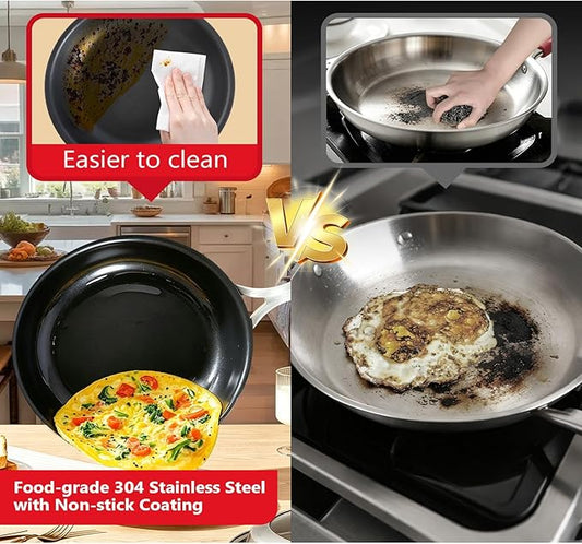 8 Inch Nonstick Frying Pan, Tri-Ply Clad Stainless Steel Skillet with Reinforced Coating, Detachable Handle with Silicone Sleeve, Dishwasher & Oven Safe, Induction Compatible, PFOA-Free