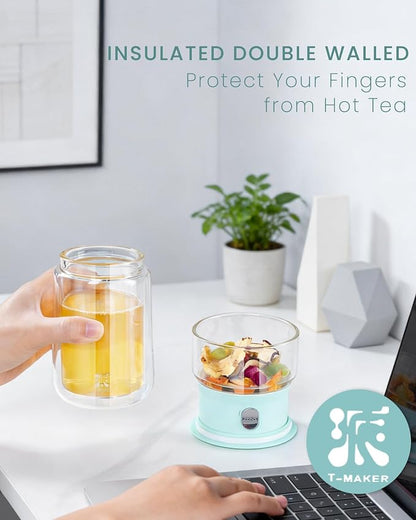 ZENS Modern Glass Tea Infuser Teapot, Smart One Touch Tea Maker for Loose Tea Diffusers with Insulated Mug and Cute Portable Tea Kits for Tea Lover Gifts