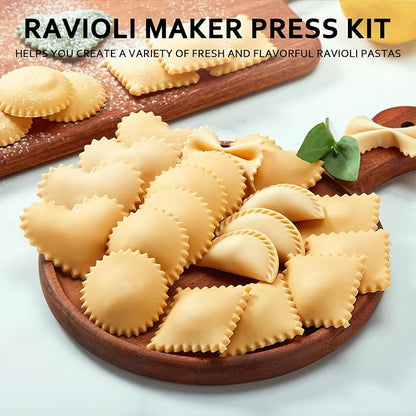 Ravioli Maker Press, Ravioli Press Mold Set - Round Ravioli Stamp Maker Cutter with Wood Rolling Pin, 2.6" Empanada Maker Press Kit and Ravioli Wheel, Makes 8 Ravioli