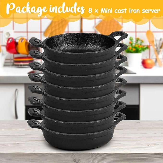 Ziliny Mini Cast Iron Skillets 5 x 5 x 1.3 Inch Cast Iron Pan Small Ramekin Set Black Casserole Dish Cookware Oven Safe Mini Skillets for Kitchen Indoor Outdoor Picnic (8 Pack)