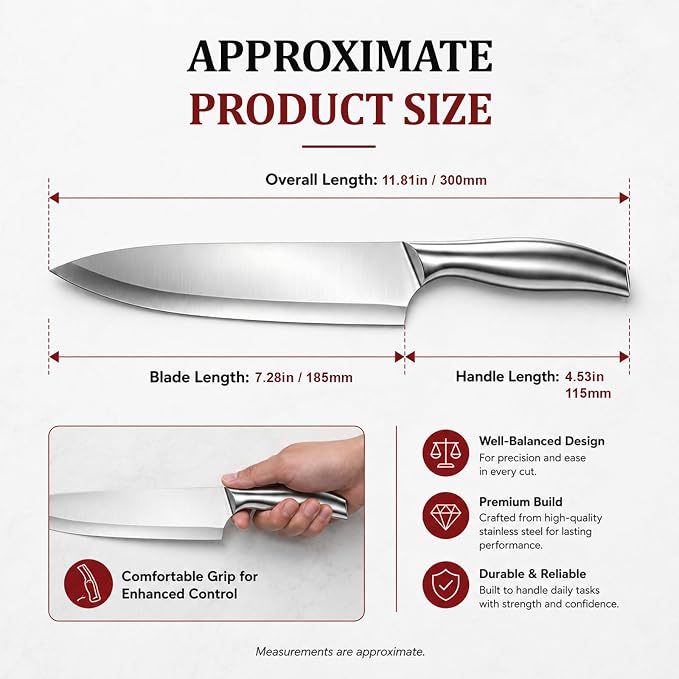 Chef Knife,7.2" Professional Kitchen Knife for Cooking,Made of Stainless Steel,Ultra Sharp for Cutting food,with Ergonomic Handle,for Home & Restaurant Silver
