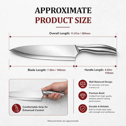 Chef Knife,7.2" Professional Kitchen Knife for Cooking,Made of Stainless Steel,Ultra Sharp for Cutting food,with Ergonomic Handle,for Home & Restaurant Silver