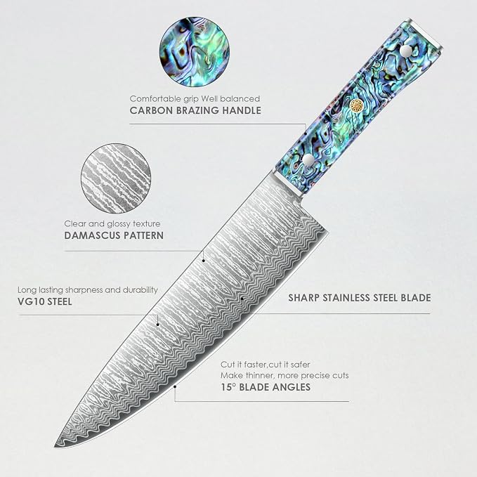 Damascus Chef Knife 8 Inch, Japanese Knife 10Cr15MOV Blade with Hand Forged Hammer Pattern Chef Knife, Hand forged VG-10 steel cooking knife, Ergonomic abalone shell G-10 handle with Gift Box