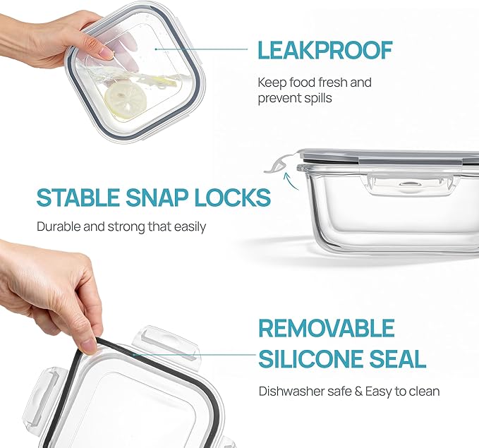 Vtopmart 5Pack 27oz Glass Storage Containers with Lids, Glass Meal Prep Food Container Sets, Sandwich Containers with Snap Airtight Lid for Microwave, Oven, Freezer and Dishwasher, Grey