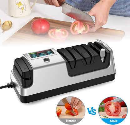 Upgrade 5-in-1 Electric Knife Sharpener, Professional 3-Stage with LCD Screen, 100% Diamond Abrasives, 3 Rotational Speed Adjustable, knife sharpener for Straight, Serrated, Meat Cleaver, Scissors