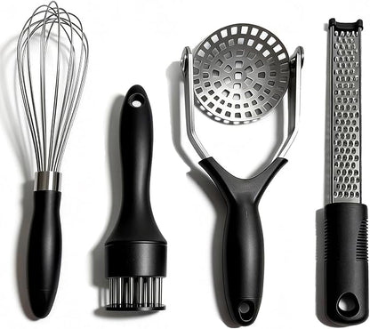 4-Piece Kitchen Gadget Set - Includes Balloon Whisk, Meat Tenderizer, Potato Masher, Grater/Zester, 304 Stainless Steel, Dishwasher Safe