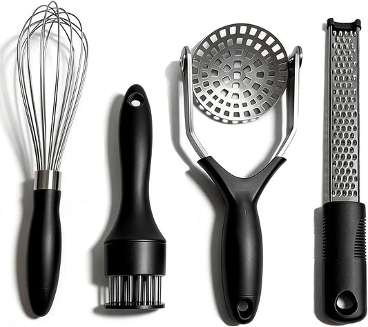 4-Piece Kitchen Gadget Set - Includes Balloon Whisk, Meat Tenderizer, Potato Masher, Grater/Zester, 304 Stainless Steel, Dishwasher Safe