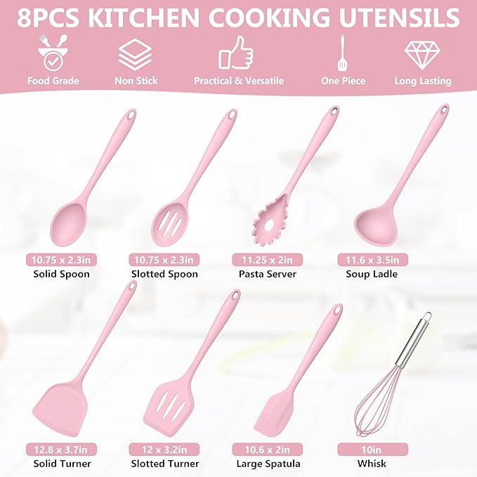 TeamFar Silicone Cooking Utensils Set, 8 PCS Kitchen Utensils Set, 446°F Heat Resistant, Turner, Spatula, Spoon, Whisk, Kitchen Cooking Gadgets Tools for Nonstick Cookware, Dishwasher Safe-Pink