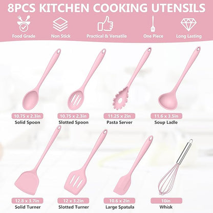 TeamFar Silicone Cooking Utensils Set, 8 PCS Kitchen Utensils Set, 446°F Heat Resistant, Turner, Spatula, Spoon, Whisk, Kitchen Cooking Gadgets Tools for Nonstick Cookware, Dishwasher Safe-Pink